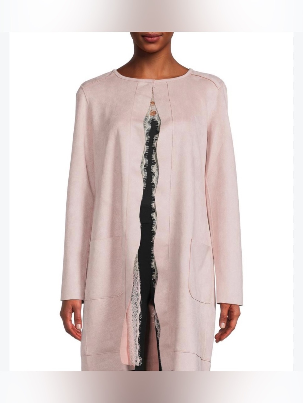 Carmen Marc Valvo Faux Suede Cardigan Frosted Pink Size M Lace Trim